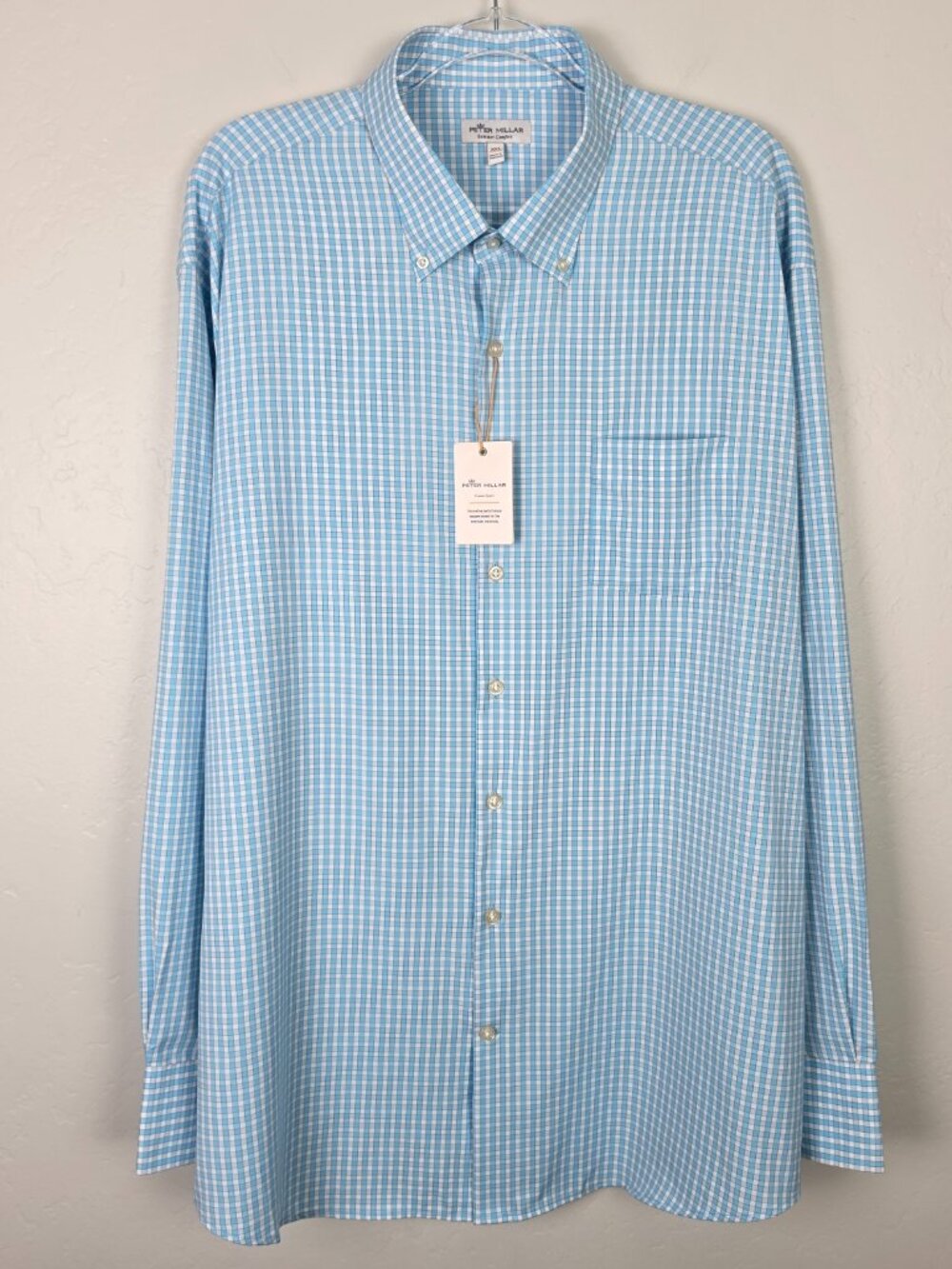 Peter Millar Summer Comfort Performance Button Shirt Gingham Blue Size XXL NEW